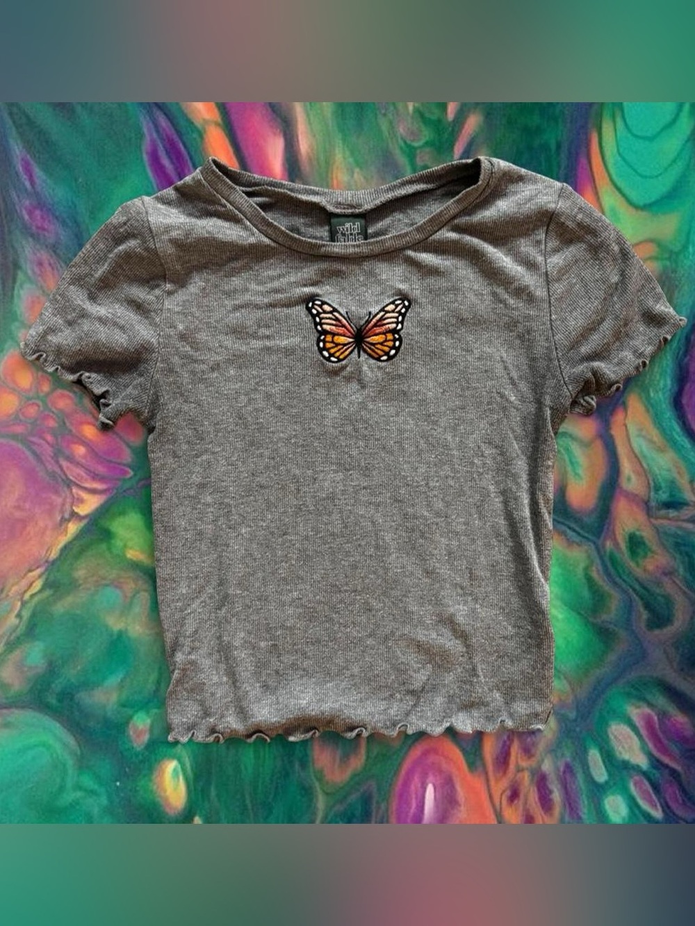 Wild Fable Women's Gray Ribbed Tee with Orange Butterfly Embroidery